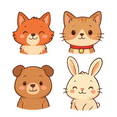 Fototapeta premium Four Cute Kawaii Animal Characters with Fox, Cat, Brown Bear, and Rabbit