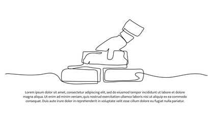 One line continuous building house. Concept of hand arranging bricks.