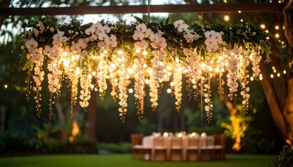 Hanging floral arrangement with cascading orchids and soft lighting