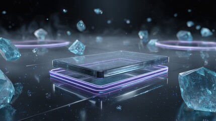 Futuristic glass platform with glowing purple neon edges surrounded by floating ice-like crystals, dark misty cyber environment, modern digital stage design for product showcase and technology brandin