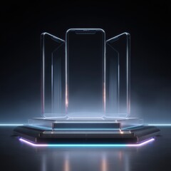 Futuristic transparent smartphone silhouettes on glowing neon platform, dark cyber background with soft light, modern digital product showcase and technology branding concept 