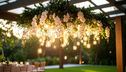 Hanging floral arrangement with cascading orchids and soft lighting