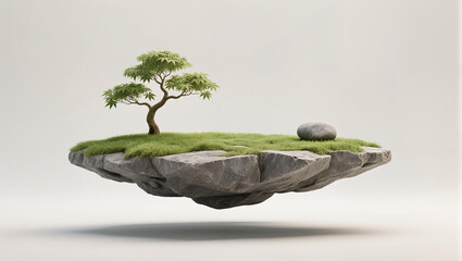 Floating island with green grass and lone tree under soft light