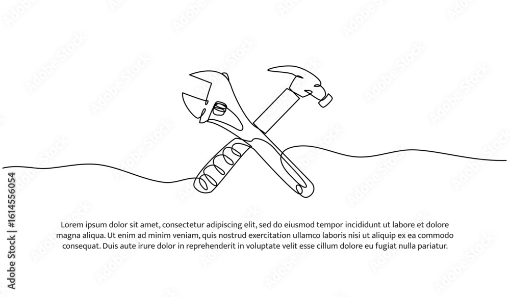 Poster one line of hammer and wrench. abstract minimal continuous line.