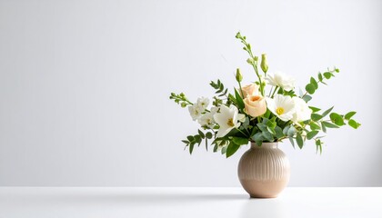 Minimalist ikebana-style flower arrangement on a clean white background