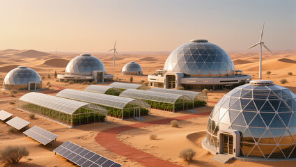 Innovative eco-dome settlement in arid desert landscape