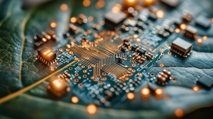 Circuit board on leaf, glowing components
