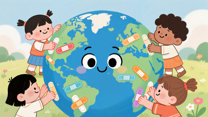 Children joyfully caring for the world in a colorful landscape
