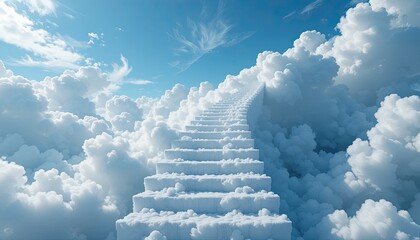 A beautiful blue sky with fluffy white cumulus clouds creating a natural stairway to heaven on a bright summer day