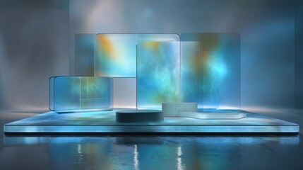 Futuristic glass panels with glowing blue and golden gradient lighting, reflective platform and soft mist, abstract modern interior design, commercial product showcase and branding use  