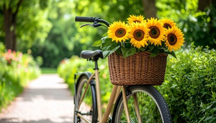 Sunflowers in a woven basket placed on a bicycle parked near a garden path 
