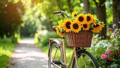 Sunflowers in a woven basket placed on a bicycle parked near a garden path 