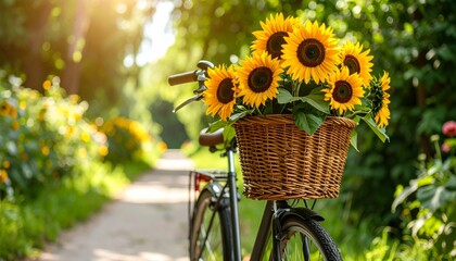 Sunflowers in a woven basket placed on a bicycle parked near a garden path 
