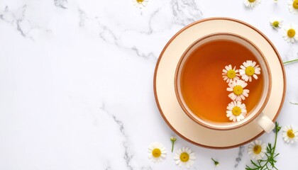 Top view of a teacup with floating chamomile flowers on a marble surface 