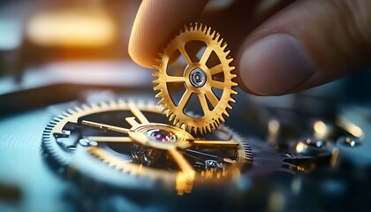 Precision Engineering and Mechanical Innovation Concept Featuring Hand Adjusting Golden Gear Inside Intricate Watch Mechanism Representing Technology and Craftsmanship