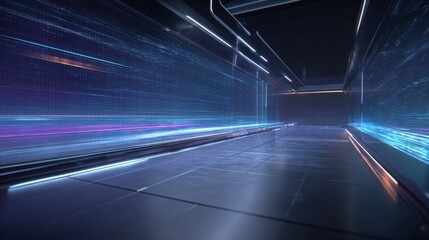 Futuristic digital corridor with glowing blue and purple light trails, sleek metallic surfaces and dynamic motion, abstract sci fi hallway design, modern technology and innovation branding use  