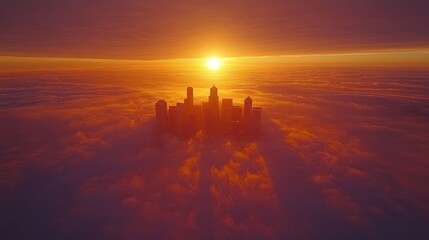 City afloat in fiery sunset clouds