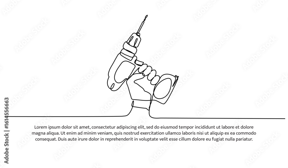 Aufkleber one line of holding drill with spiral bit. abstract minimal continuous line.