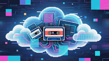 Old school cassette tapes blend with digital clouds in vibrant design