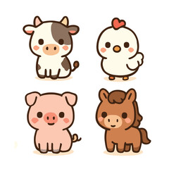 Obraz premium Four Adorable Kawaii Farm Animals: Cow, Chick, Pig, and Horse
