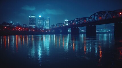 City skyline at night, reflected in a river