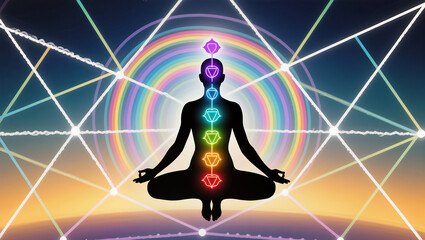 Vibrant energy alignment during a serene meditation practice at sunset