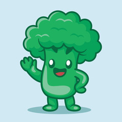 Cartoon Broccoli Mascot Waving. Simple vegetable vector
