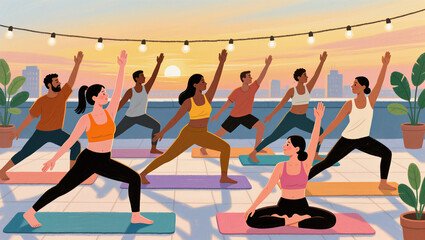 Sunset yoga session on a rooftop with a vibrant urban backdrop