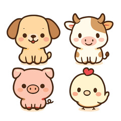 Obraz premium Four Adorable Kawaii Farm Animals: Dog, Cow, Pig, and Chick