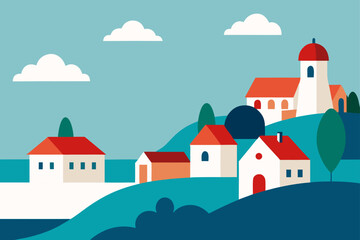 Charming european village nestled on rolling hills under a clear blue sky with fluffy white clouds and vibrant red rooftops