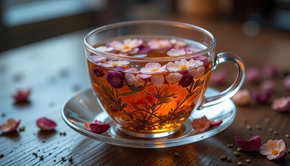 Herbal tea in a transparent glass mug with a saucer, perfect for a healthy breakfast