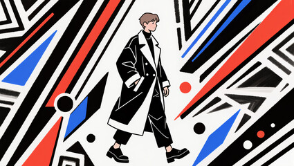 Fashionable figure amidst vibrant abstract patterns in urban style