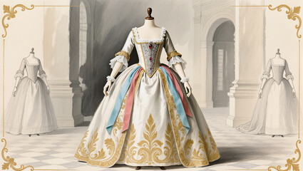 Naklejka premium Elegant gown displays intricate design in a grand hall setting
