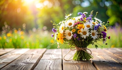 Wildflower bouquet tied with jute rope on a rustic wooden table
