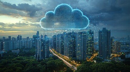 City skyline with digital cloud rain