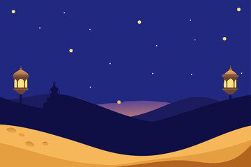 Naklejka premium A serene desert landscape at night illuminated by traditional lanterns and a starry sky evoking a sense of peace and spiritual reflection