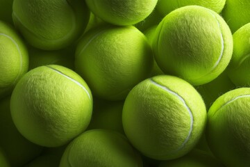 Close up view of many tennis ball. Group of fluffy green balls for sport. Background texture for game or Wimbledon tournament concept.