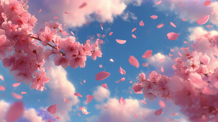 Cherry blossoms falling gracefully over blue sky background