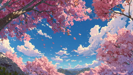 Cherry blossoms falling gracefully over blue sky background