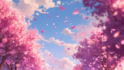 Cherry blossoms falling gracefully over blue sky background