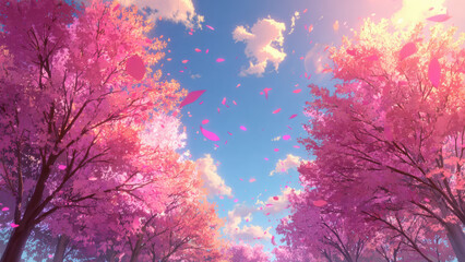 Cherry blossoms falling gracefully over blue sky background