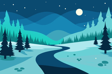 Serene winter landscape with a winding river under a starry night sky and a full moon illuminating rolling hills and snow covered trees