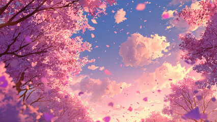 Cherry blossoms falling gracefully over blue sky background