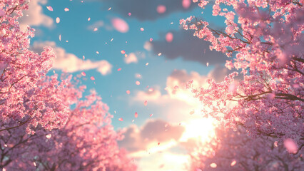 Cherry blossoms falling gracefully over blue sky background