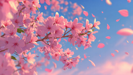 Cherry blossoms falling gracefully over blue sky background