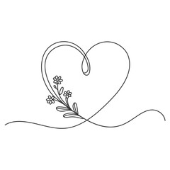 Heart shape Romantic symbol illustration continuous drawing single line art. Heart continuous line drawing, symbol of love with flowers, one black thin line on white background.