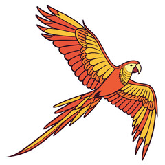 Hand-Drawn Tropical Flying Bird Illustration – Colorful Warm-Toned Art with Long Tail & Wide Wings