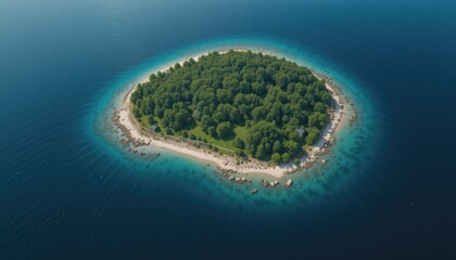Aerial view of a heart-shaped tropical island in the Maldives with a blue ocean, sandy beach, and green palm trees, perfect for a summer vacation