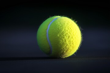 Yellow tennis ball with bright felt and white stripes on a dark background. Sport equipment for competitive game.