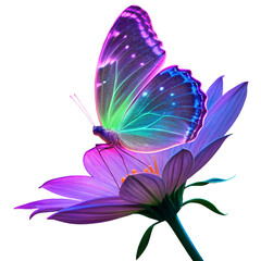 Glamour vibrant neon glow biofluorescent butterfly on iridescent blue-violet flower isolated on transparent background, cutout, clipart, png.